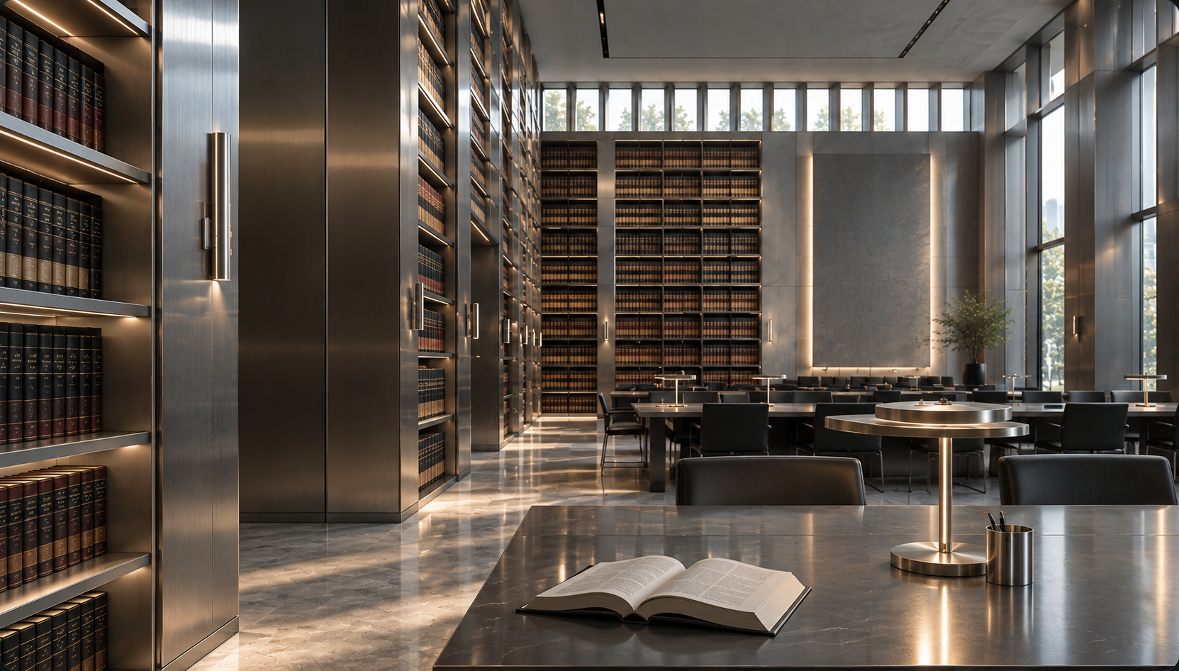 Modern legal library with brushed-steel shelves, a reading table and an open volume in the foreground