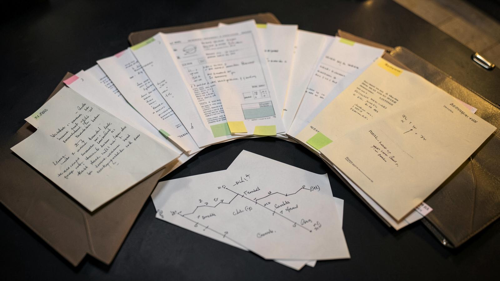 Case files fanned out on a dark table with tabbed exhibits and a hand-drawn timeline