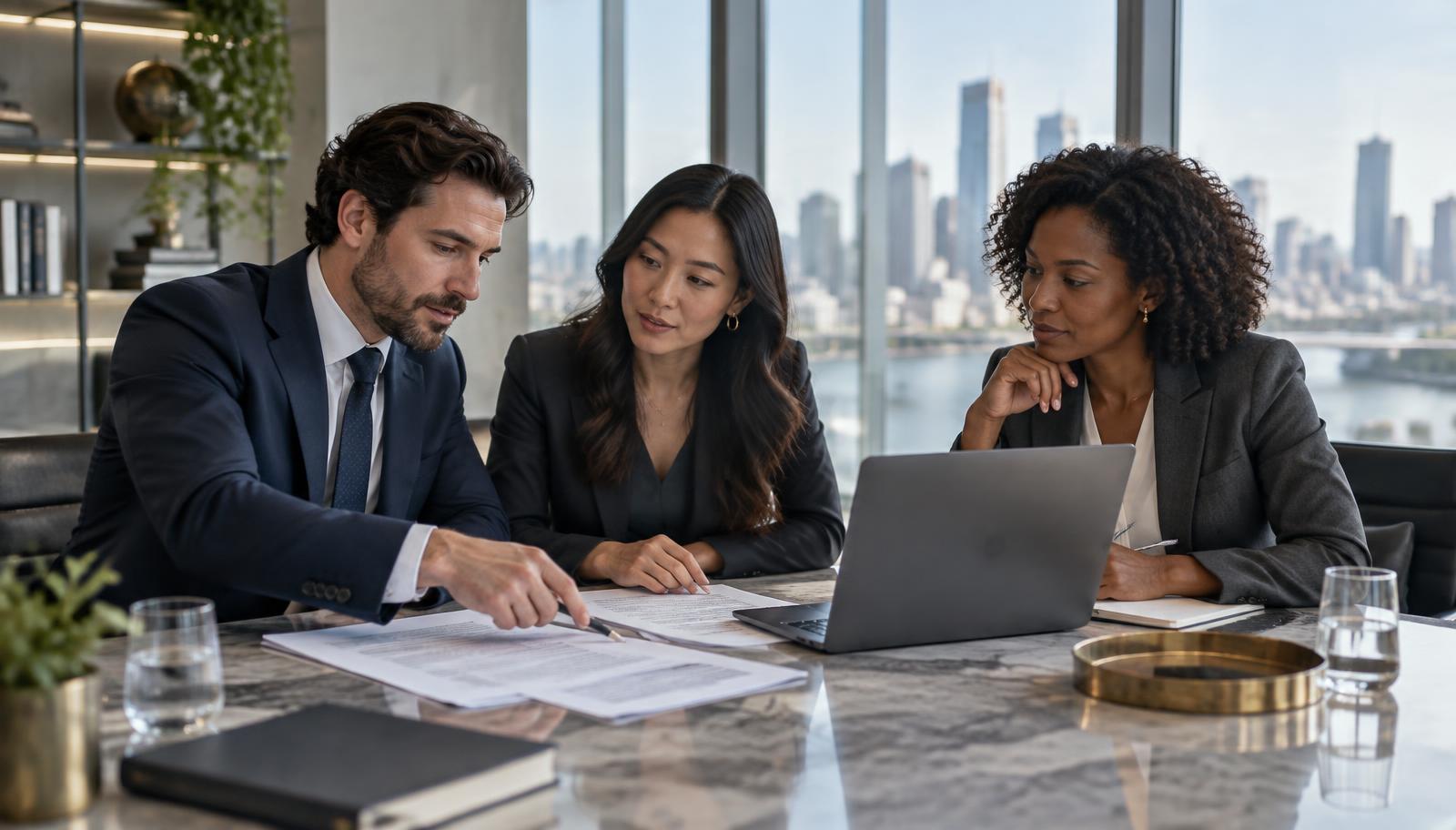 An in-house legal team reviewing a commercial agreement together in a meeting room