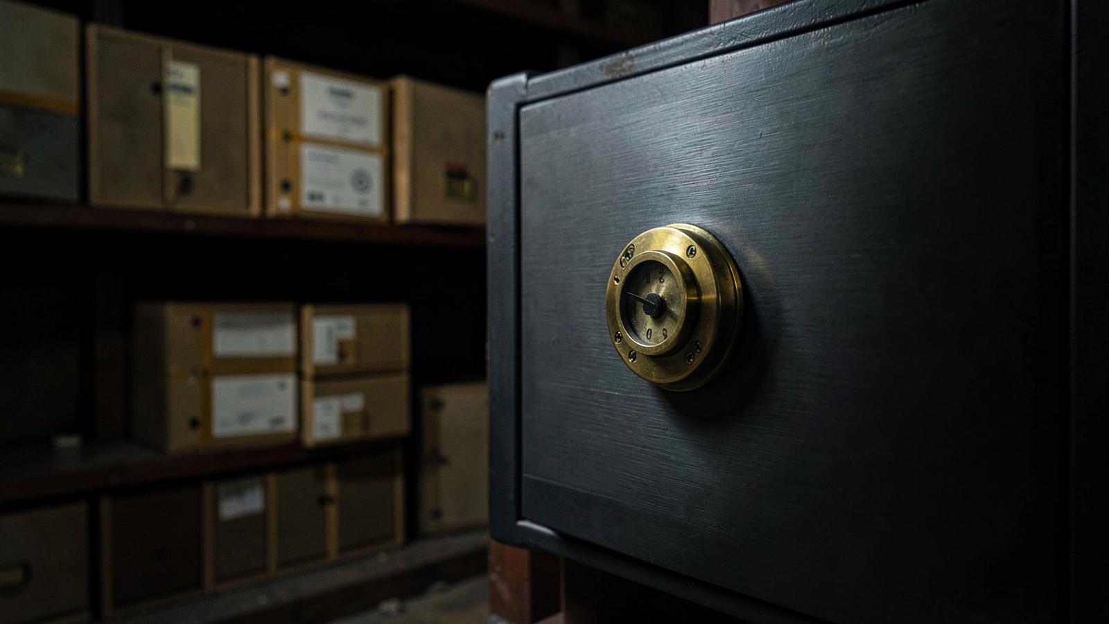 Dark steel safe with a brass dial in an archive room of sealed document boxes