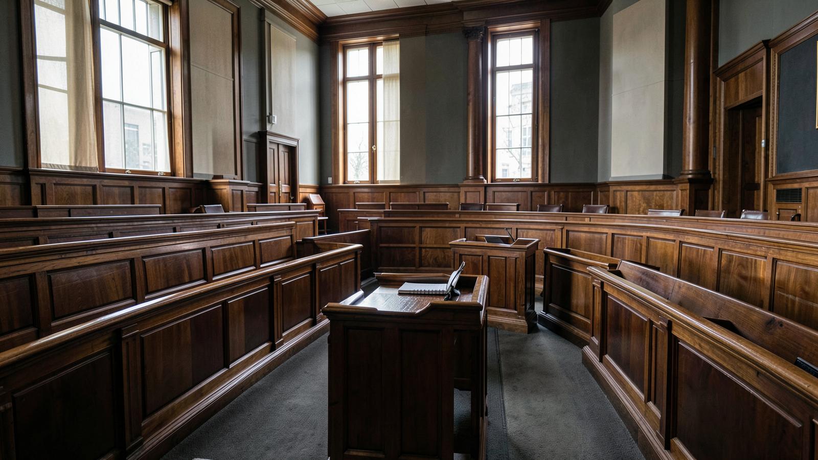 Empty courtroom with polished wooden benches and counsel's lectern before a hearing